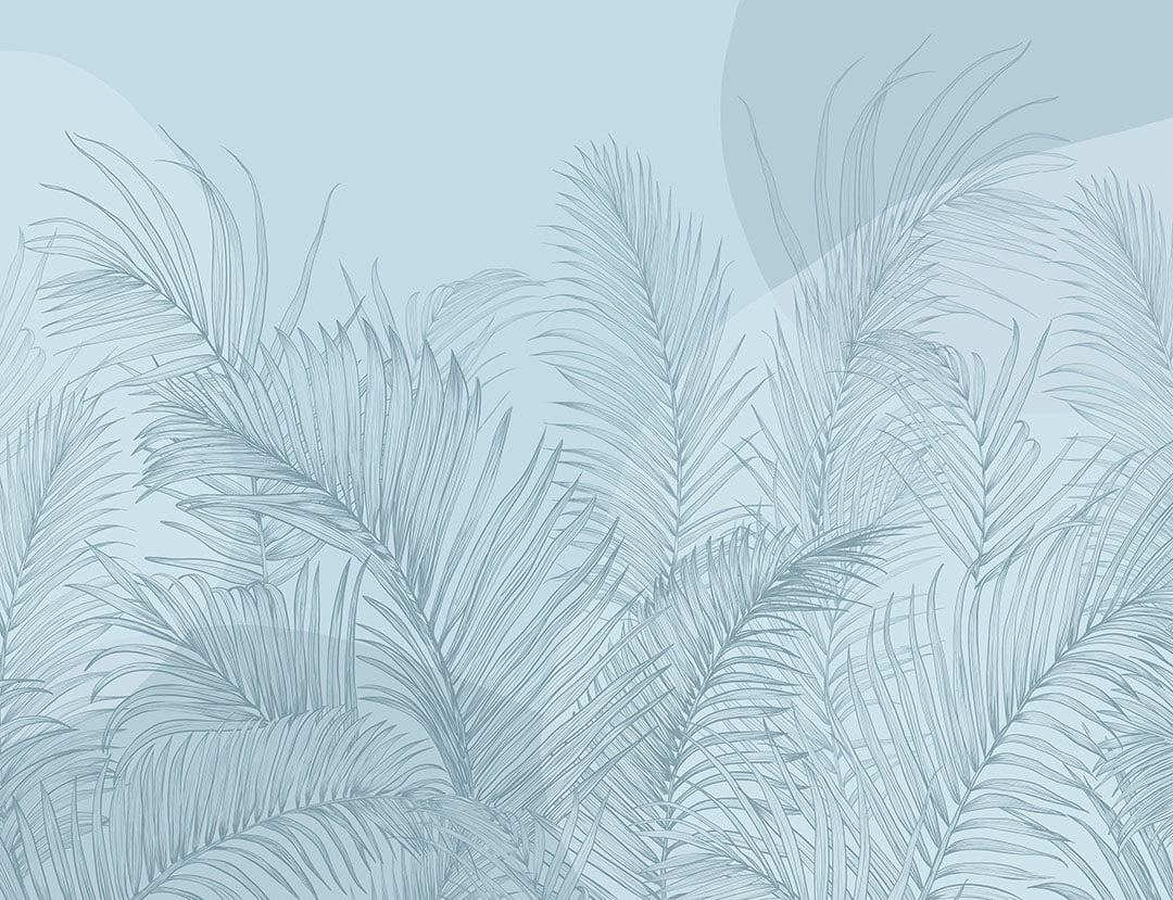 Blue tropical wall mural with illustrated palm leaves and geometric shapes