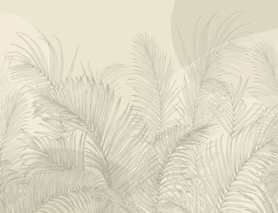 Beige tropical wall mural with illustrated palm leaves and geometric shapes