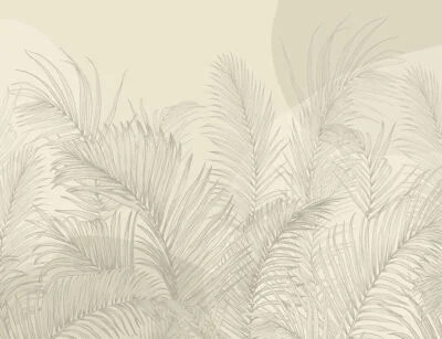 Beige tropical wall mural with illustrated palm leaves and geometric shapes