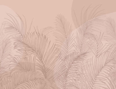 Pink tropical wall mural with illustrated palm leaves and geometric shapes