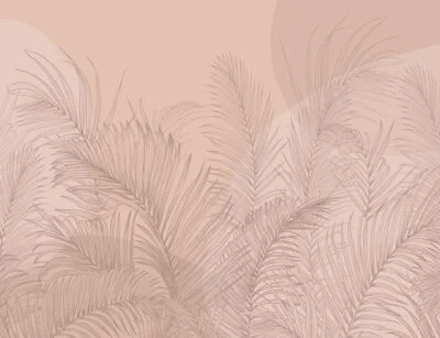 Pink tropical wall mural with illustrated palm leaves and geometric shapes