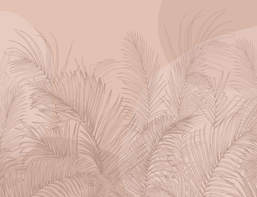 Pink tropical wall mural with illustrated palm leaves and geometric shapes