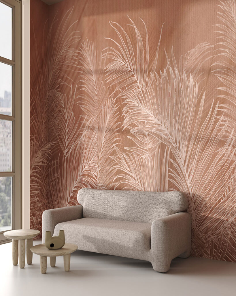 Illustrated white palm leaves wall mural for the living room