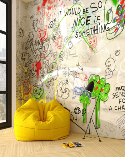 Colorful chaotic graffiti wall mural for a children's room