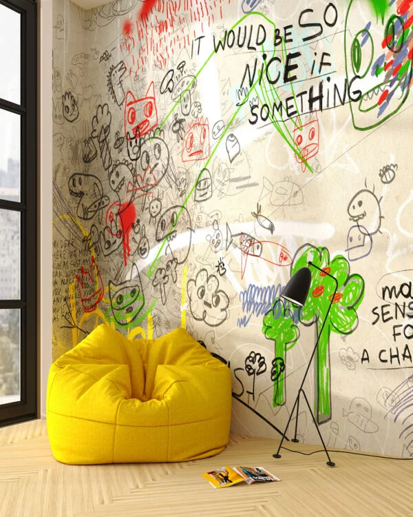 Colorful chaotic graffiti wall mural for a children's room