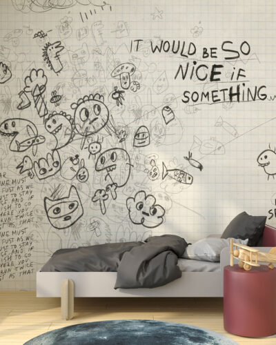 Black and white chaotic graffiti wall mural for a children's room
