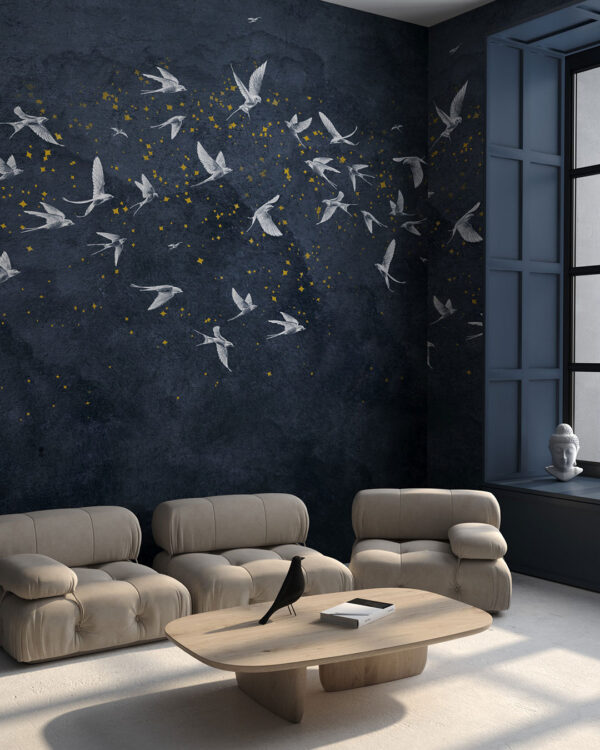Delicate birds on a dark textured background wall mural for the living room