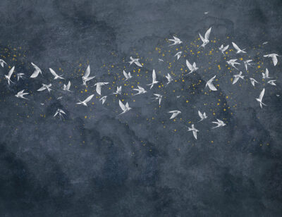 Delicate birds on a navy blue starry background wall mural
