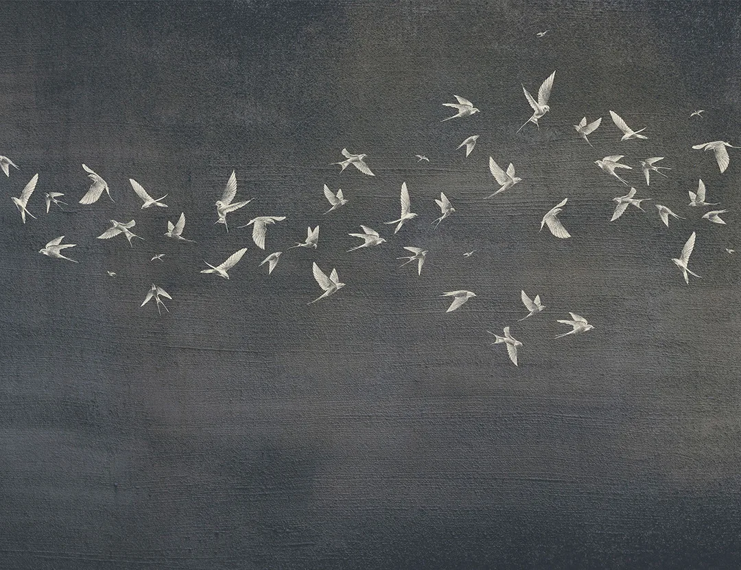 Delicate birds wall mural on a dark textured background