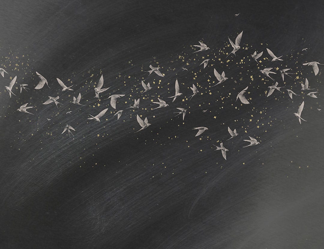 Delicate birds on a dark starry background wall mural