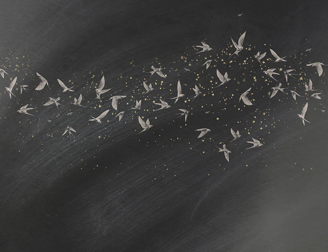 Delicate birds on a dark starry background wall mural
