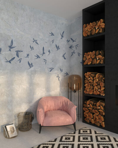 Delicate birds on a gray textured background wall mural for the living room