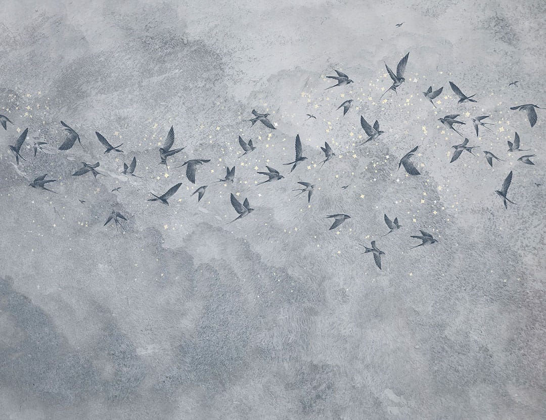 Delicate birds on a gray starry sky wall mural