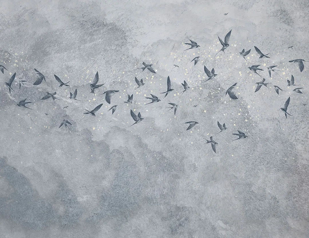 Delicate birds on a gray starry sky wall mural