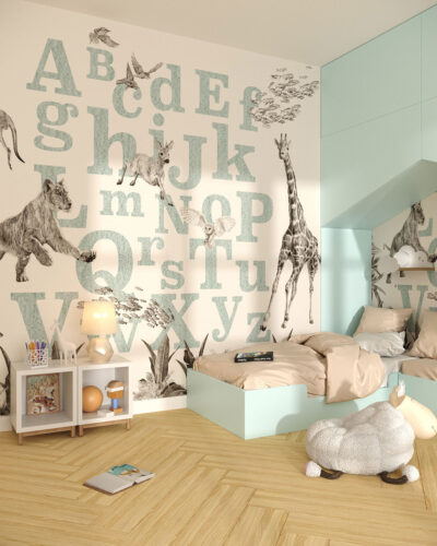 Alphabet wall mural for a children's room with detailed animals