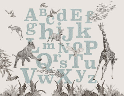 Blue alphabet wall mural with detailed animals