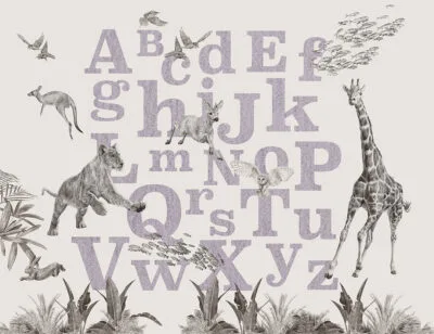 Violet alphabet wall mural with detailed animals