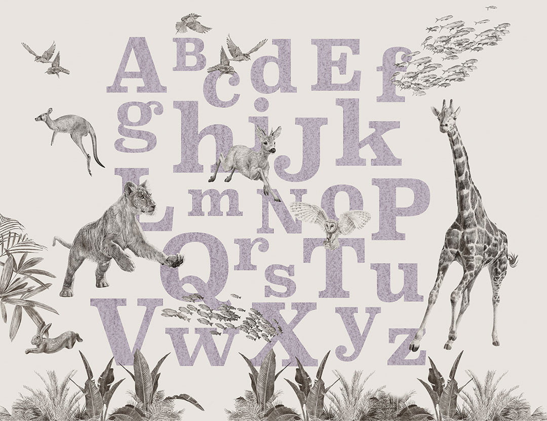 Violet alphabet wall mural with detailed animals