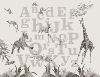 Gray alphabet wall mural with detailed animals