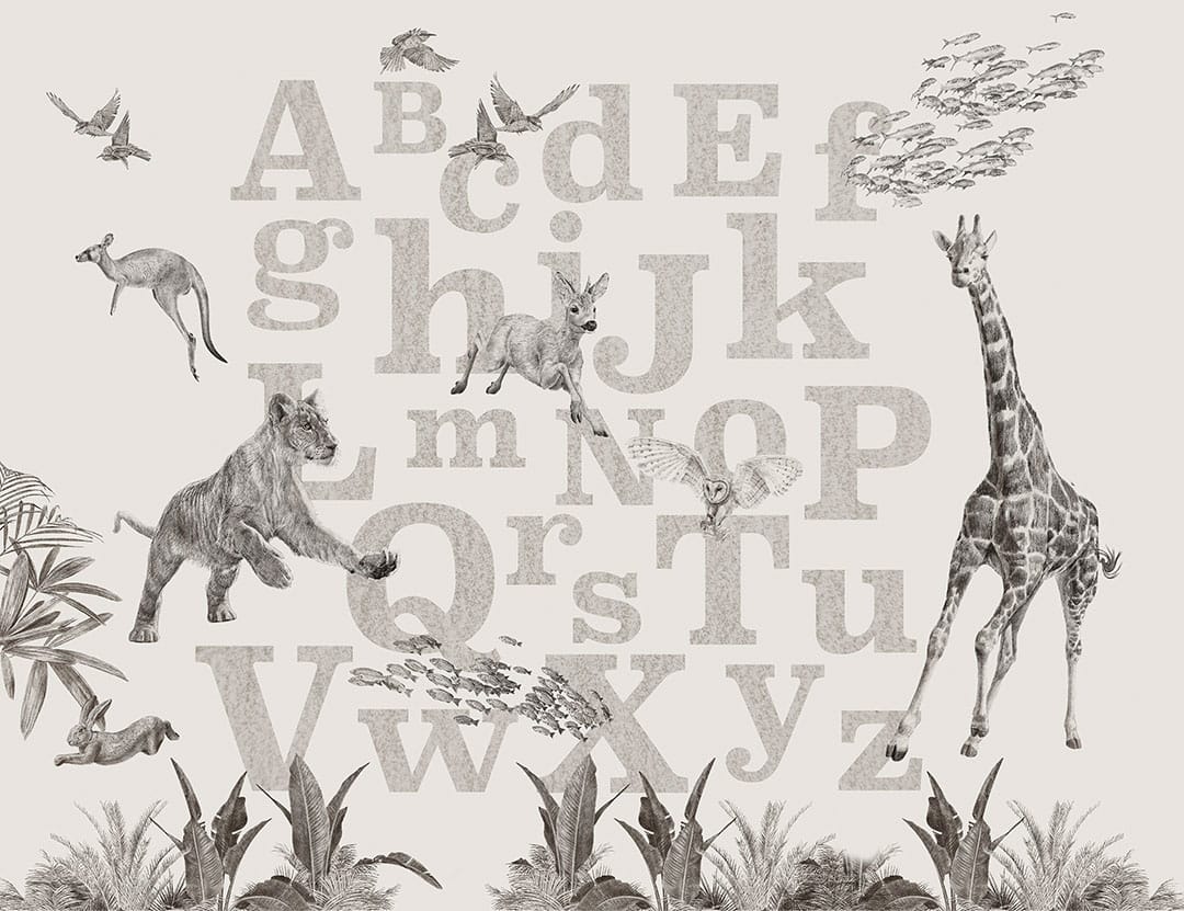 Gray alphabet wall mural with detailed animals