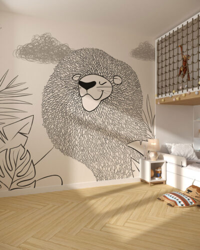 Lion king wall mural for a children's room with tropical leaves