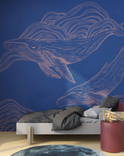 Dark linear illustrated whales wall mural for a children's room