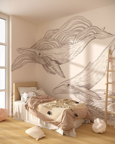 Cute illustrated whales wall mural for a children's room