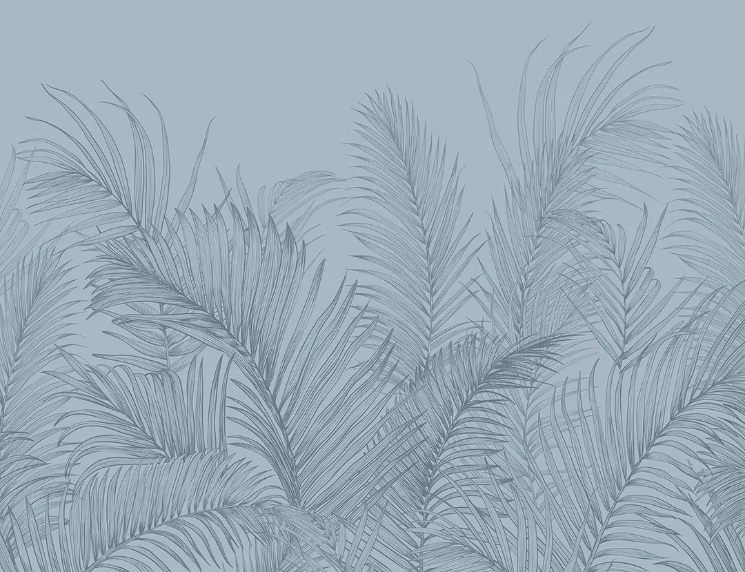 Delicate blue palm leaves tropical wall mural