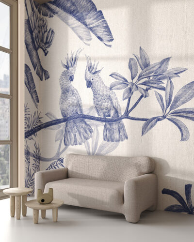 Sophisticated illustrated tropical plants and parrots wall mural for the living room