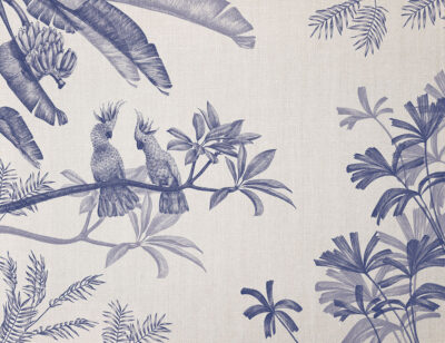 Sophisticated illustrated blue tropical plants and parrots wall mural