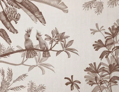 Sophisticated illustrated brown tropical plants and parrots wall mural