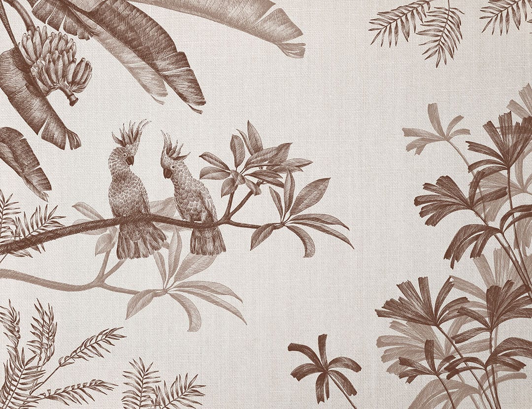 Sophisticated illustrated brown tropical plants and parrots wall mural