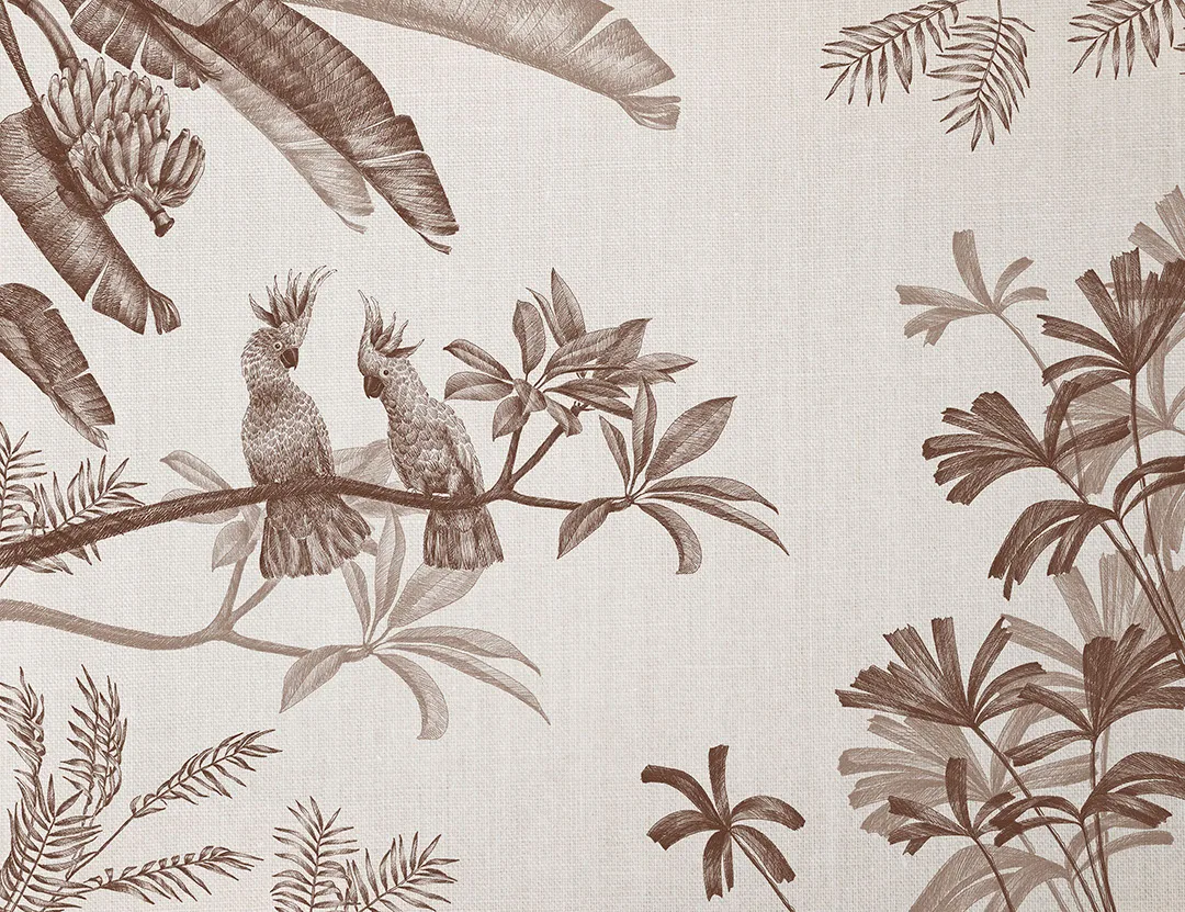 Sophisticated illustrated brown tropical plants and parrots wall mural
