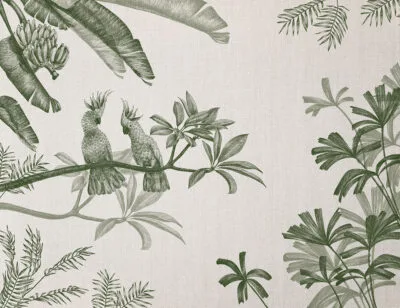 Sophisticated illustrated green tropical plants and parrots wall mural