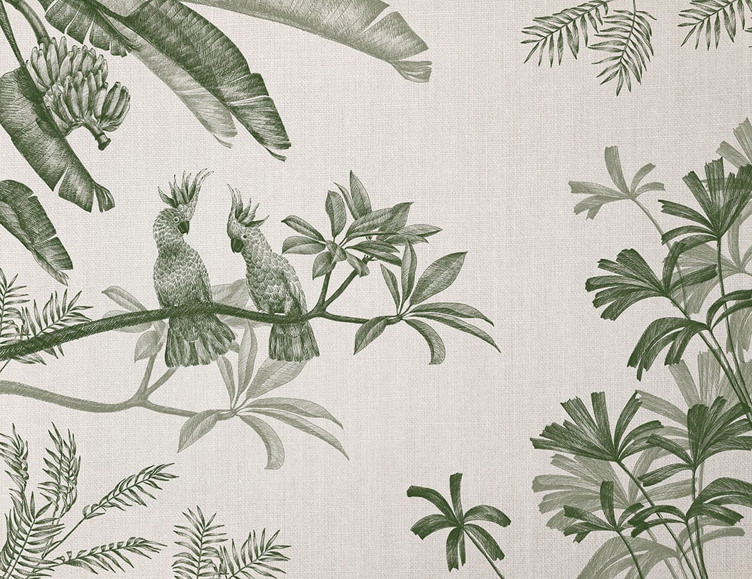 Sophisticated illustrated green tropical plants and parrots wall mural