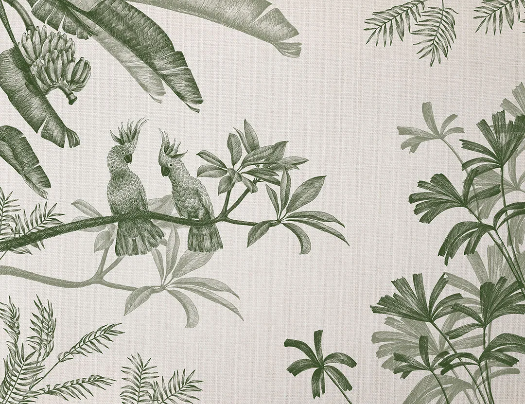 Sophisticated illustrated green tropical plants and parrots wall mural