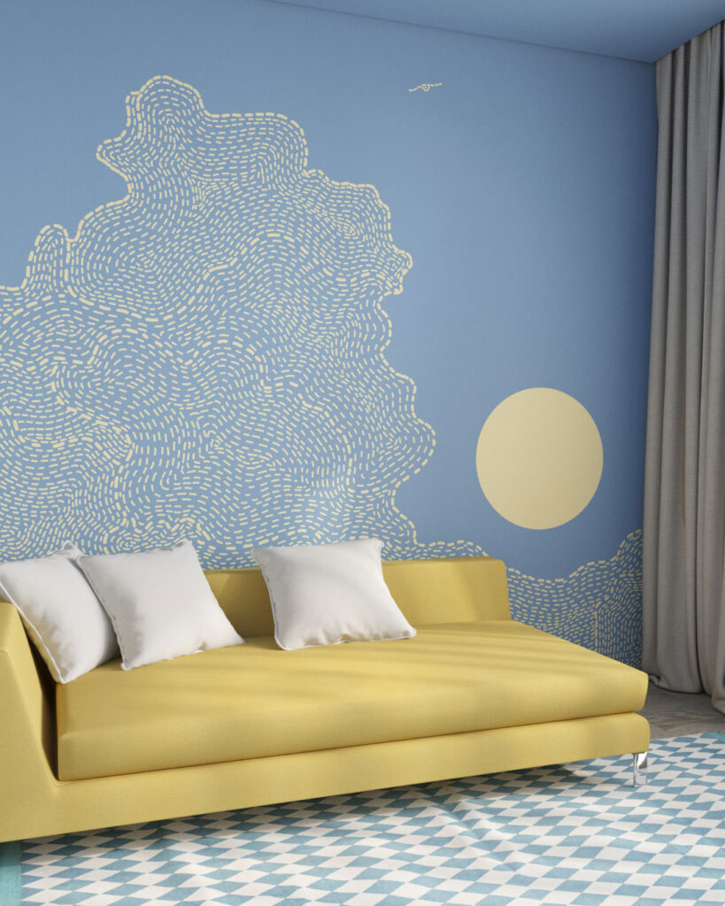 Sun with clouds and birds in linear style wall mural for the living room