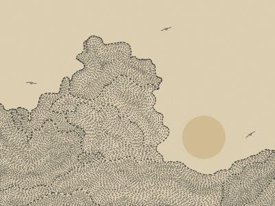 Sun with clouds and birds on the beige sky wall mural in linear style
