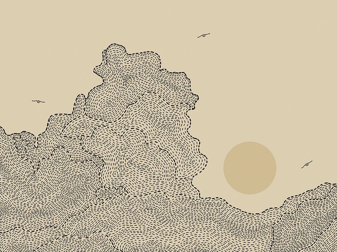 Sun with clouds and birds on the beige sky wall mural in linear style