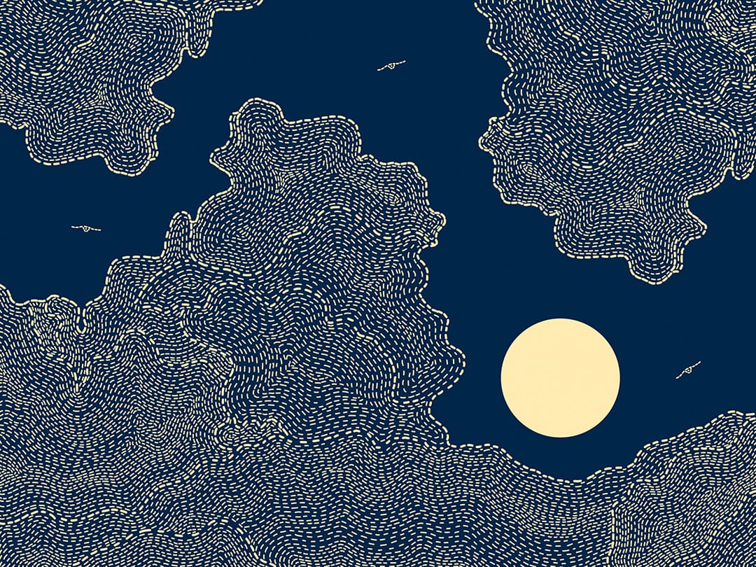 Sun with clouds and birds on the navy blue sky wall mural in linear style