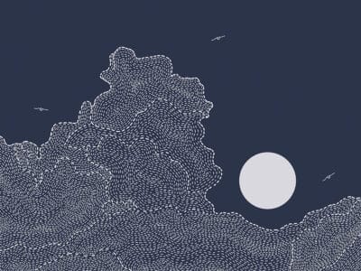 White sun with clouds and birds on the navy blue sky wall mural in linear style
