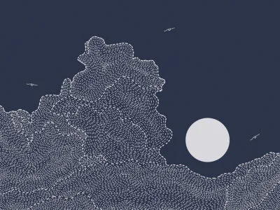 White sun with clouds and birds on the navy blue sky wall mural in linear style