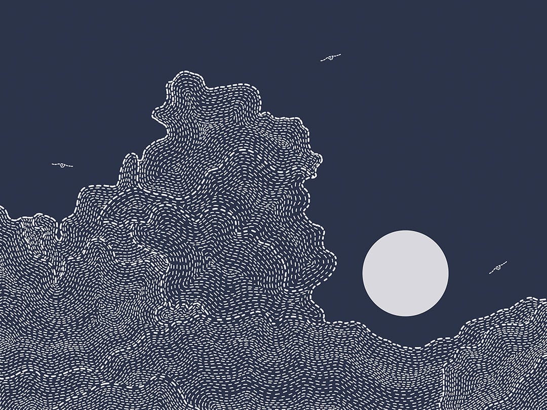White sun with clouds and birds on the navy blue sky wall mural in linear style