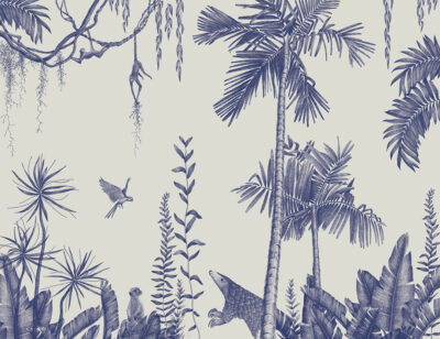 Blue palm trees, birds and tropical animals wall mural