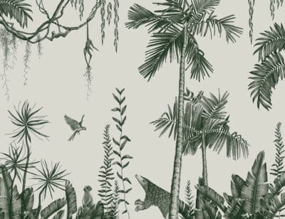 Green palm trees, birds and tropical animals wall mural