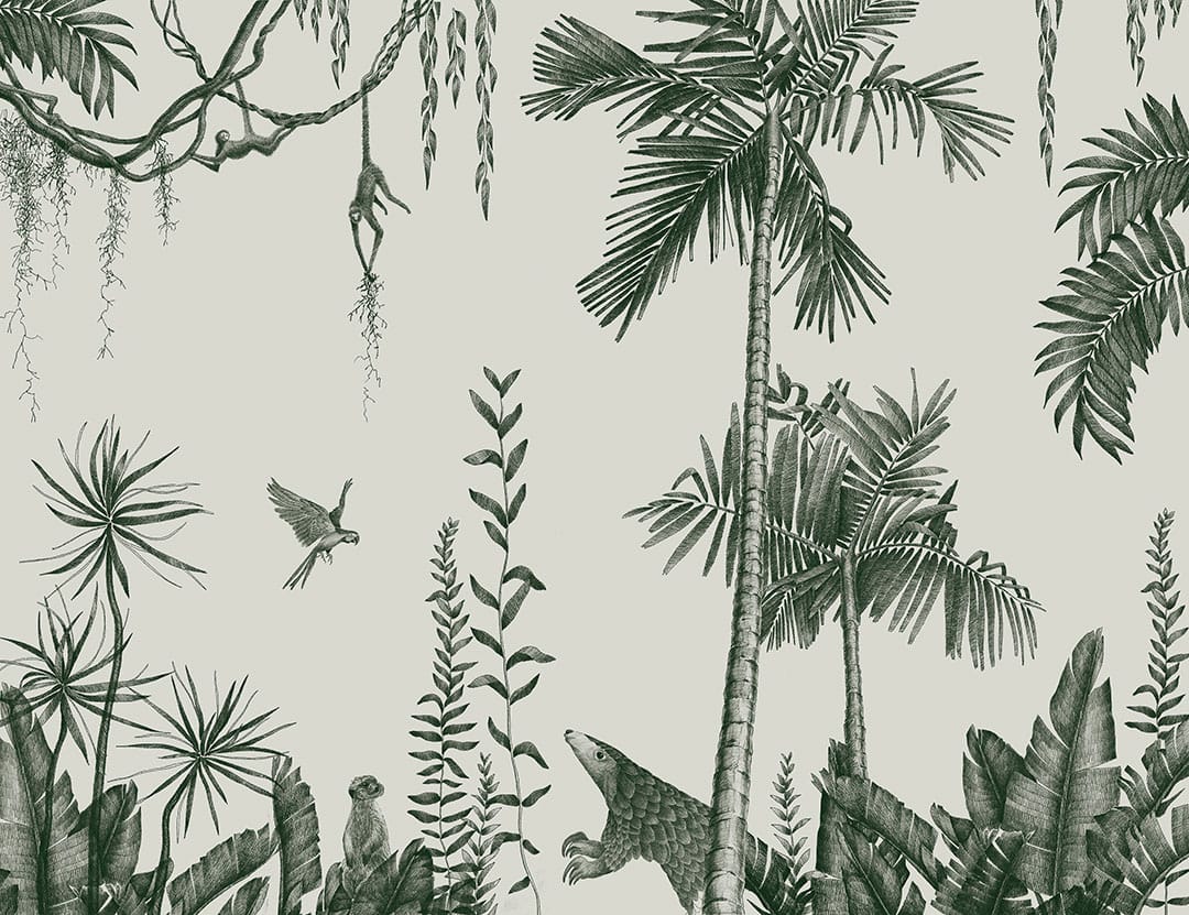 Green palm trees, birds and tropical animals wall mural
