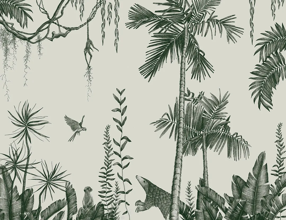 Green palm trees, birds and tropical animals wall mural