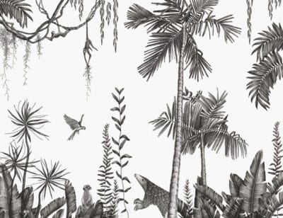 Black palm trees, birds and tropical animals wall mural