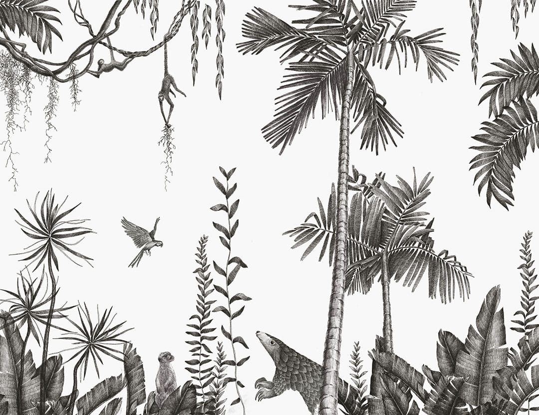 Black palm trees, birds and tropical animals wall mural