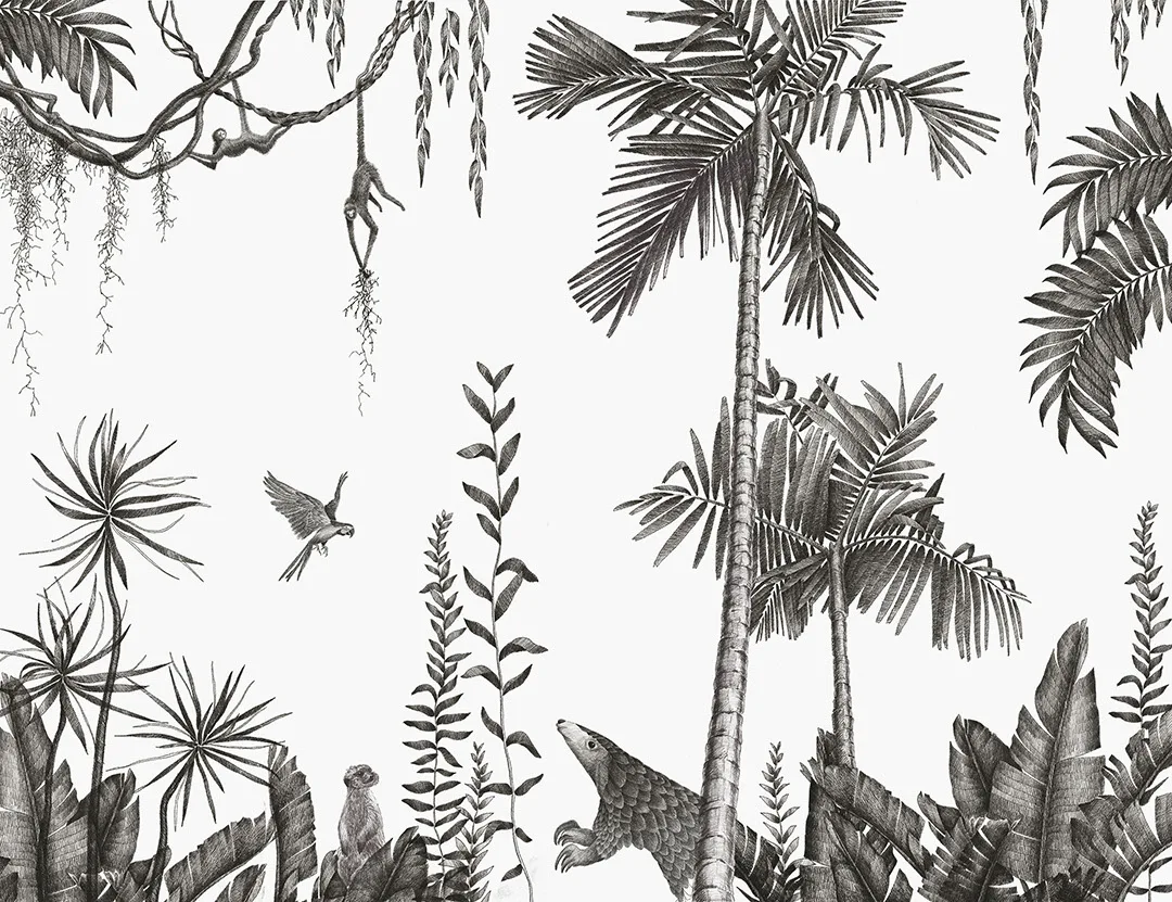 Black palm trees, birds and tropical animals wall mural